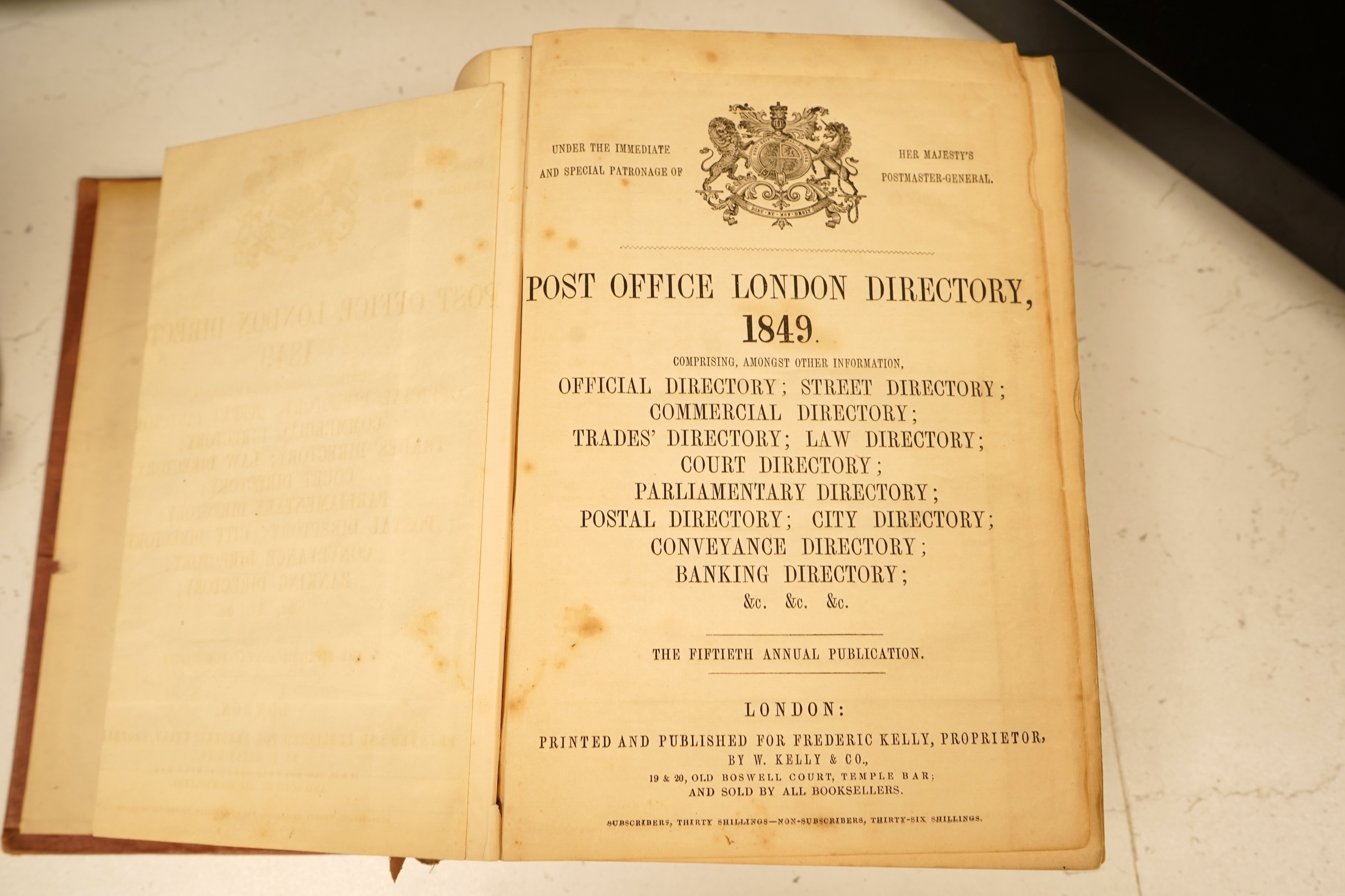 Critchett, B. - The Post Office and London Directory for 1832 ... newly rebound calf backed marbled boards, gilt ruled spine with red label, cr. 8vo.; Frederic Kelly's Post Office London Directory, 1849 ... folded plan;